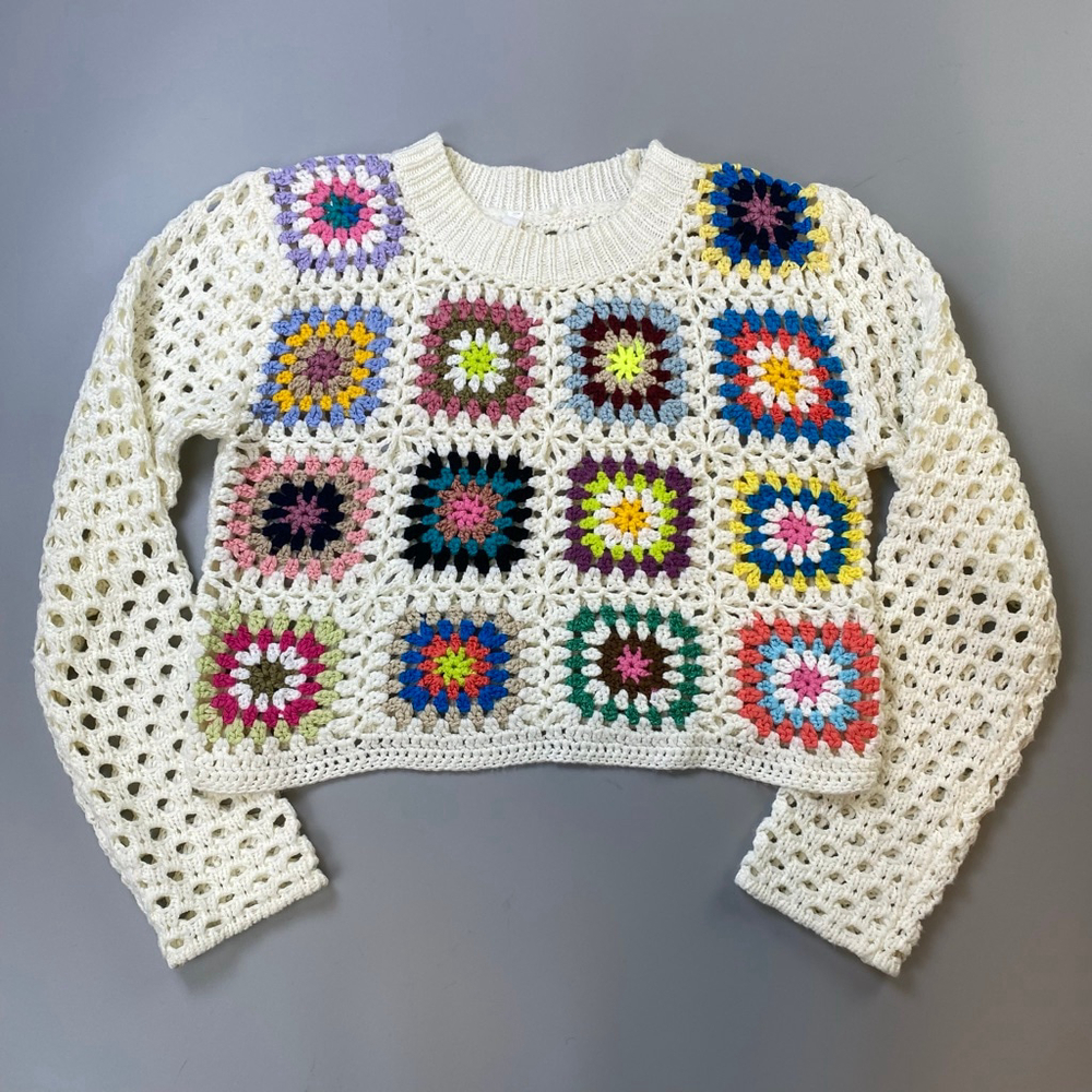 Crochet Sweater Small Granny Square Open Knit Boho Grandmacore Crop Cottagecore